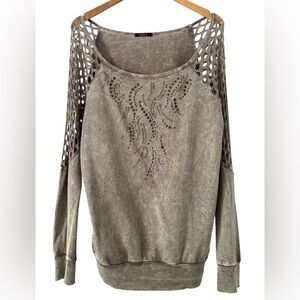 Tea Party off Shoulder Crochet Sleeve Sweatshirt EUC